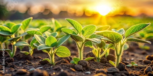 Soybean seedlings thriving in a field with dewy morning light photo