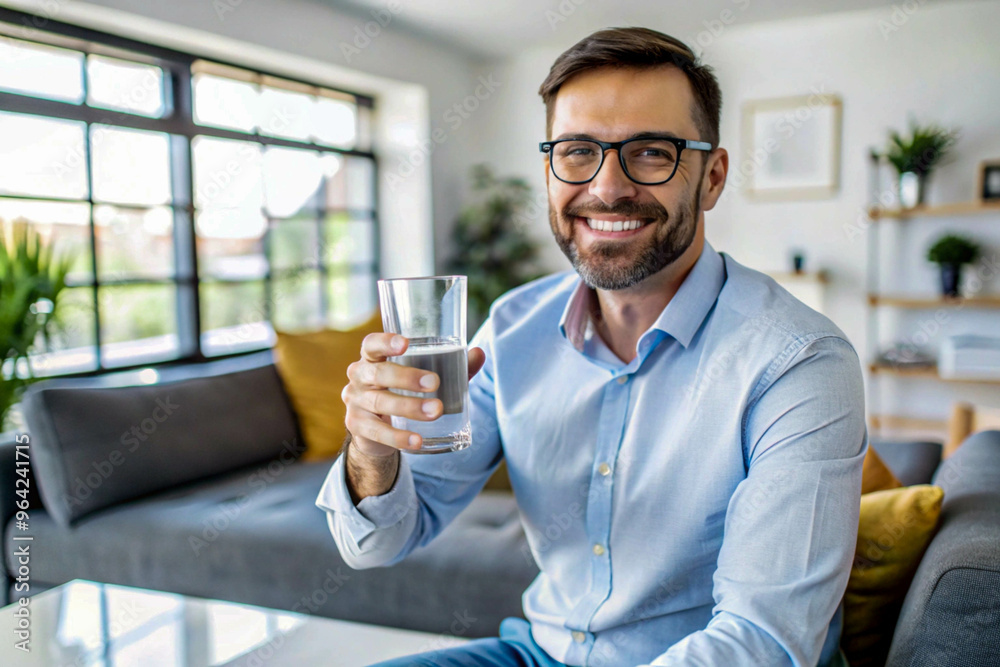 Man with Glasses Smiling on Gray Sofa in Modern Well Lit Living Room Man with Glasses Smiling on Gray Sofa in Modern Well Lit Living Room