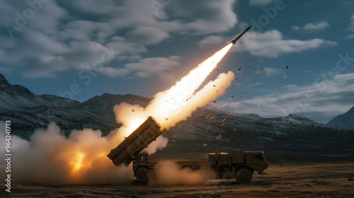Military mobility artillery rocket system launch missile creating fiery trail in sky, demonstrating powerful defense technology