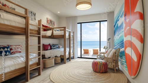 A children’s room in a beach house, with bunk beds, nautical decor, a surfboard wall mural, and a large window overlooking the beach. The room has a playful and relaxed feel