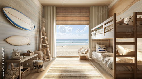A children’s room in a beach house, with bunk beds, nautical decor, a surfboard wall mural, and a large window overlooking the beach. The room has a playful and relaxed feel