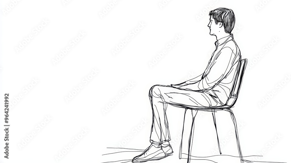 Man sitting on a minimalist chair line art with white background, illustration line drawing. Man sitting on a minimalist chair line art with white background, illustration line drawing.