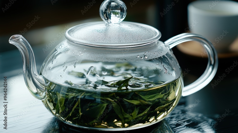 Glass Teapot with Fresh Green Tea Leaves in Sunlight Glass Teapot with Fresh Green Tea Leaves in Sunlight