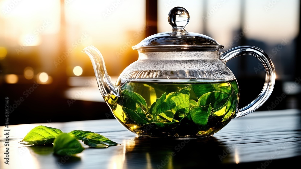 Glass Teapot with Fresh Green Tea Leaves in Sunlight Glass Teapot with Fresh Green Tea Leaves in Sunlight