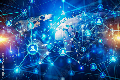 Global Digital Network with Interconnected Nodes and World Map Background