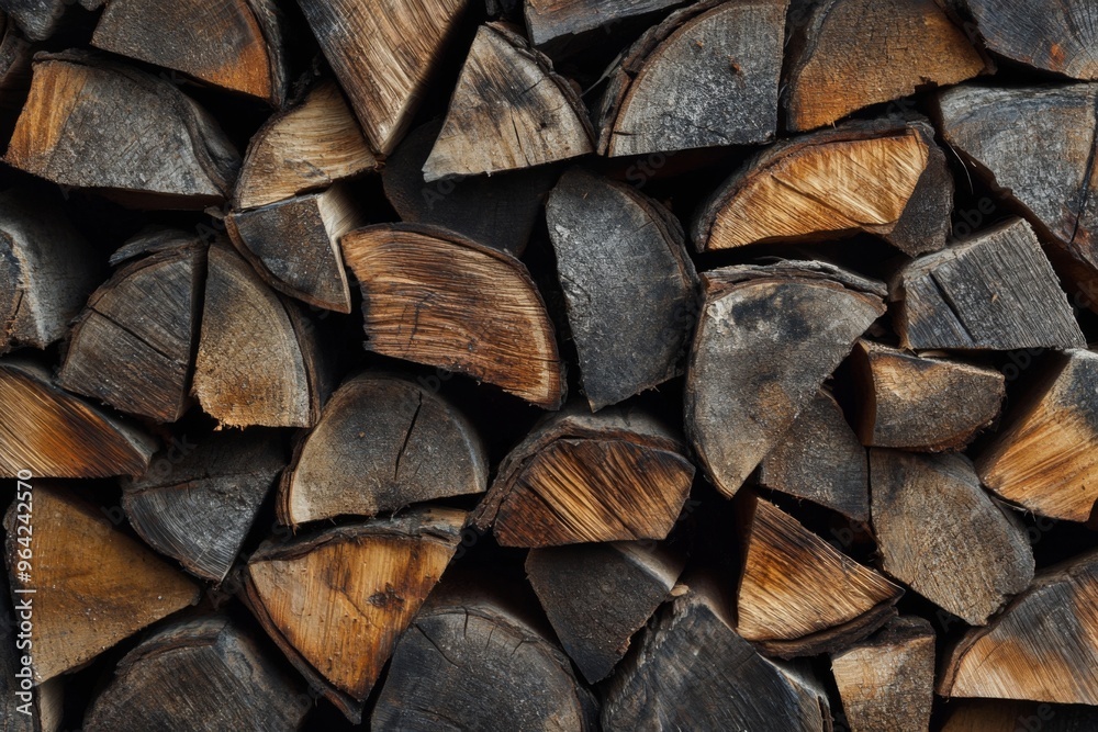 Fototapeta premium Textured Close Up of Stacked Natural Wood Logs, Perfect for Rustic Backgrounds and More