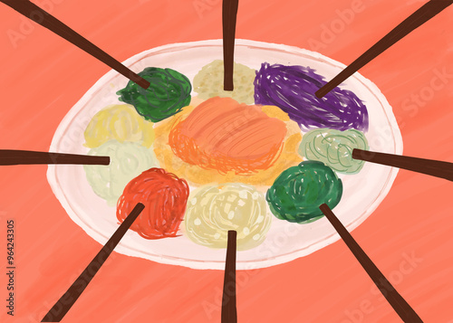 Εκτύπωση καμβά Chinese new year Yusheng or Lo hei with chopsticks illustration