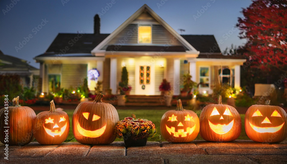 Obraz premium Halloween pumpkins and decorations outside a house. Night view of a house with halloween decoration, digital ai illustration