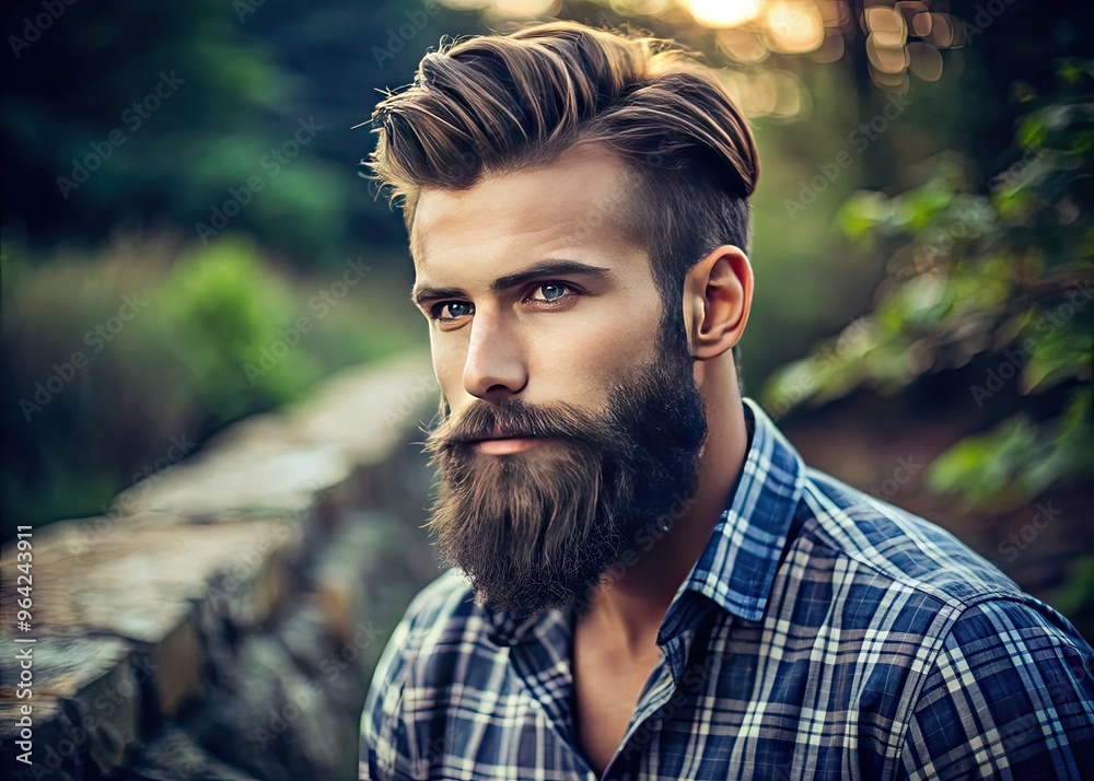 Attractive young man with trendy undercut hairstyle and well-groomed full beard, posing in a rustic outdoor setting with a natural, rugged, and effortless charm. Attractive young man with trendy undercut hairstyle and well-groomed full beard, posing in a rustic outdoor setting with a natural, rugged, and effortless charm.