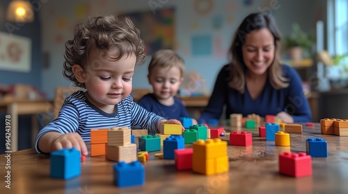 Toddler playing with building blocks with teacher and friends