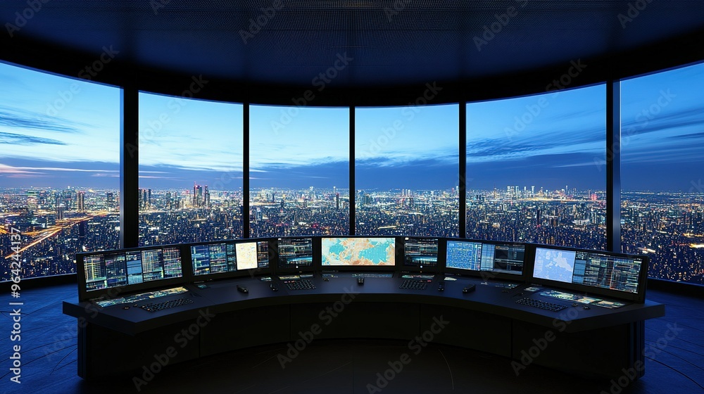 Fototapeta premium A panoramic view of a modern control room overlooking a city skyline at twilight, featuring multiple screens with data displays