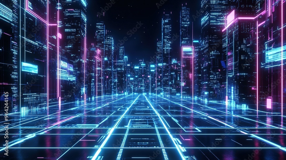 A vibrant futuristic cityscape illuminated by neon lights showcasing technology and architectural marvels at night A vibrant futuristic cityscape illuminated by neon lights showcasing technology and architectural marvels at night
