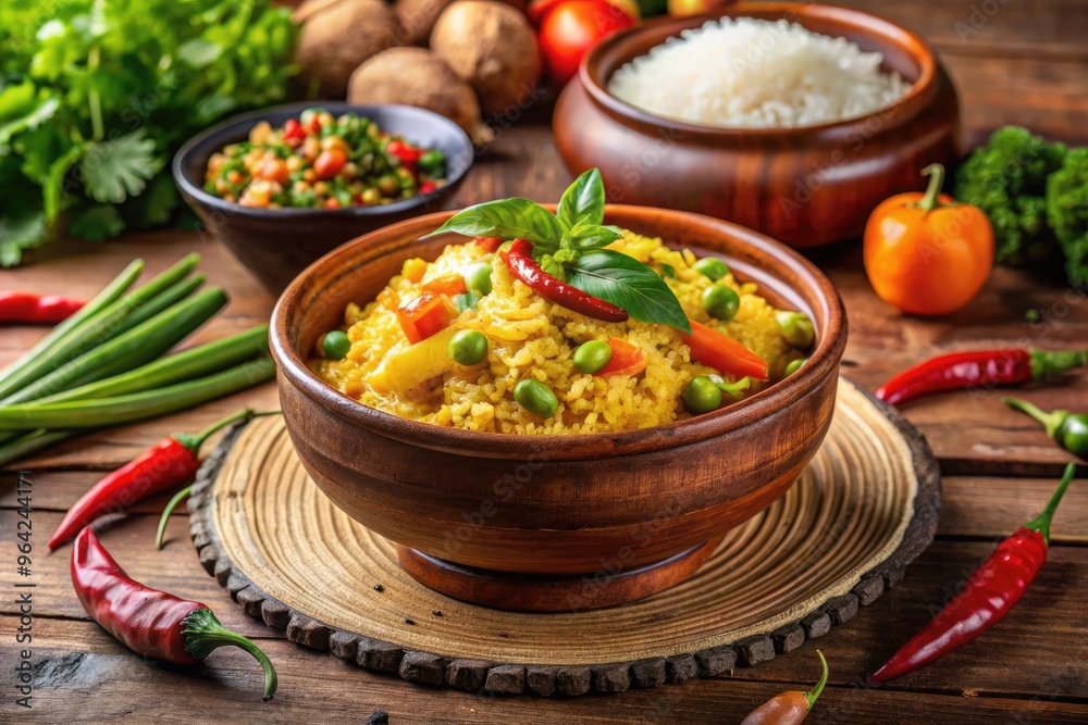 Authentic Thai Dish With Aromatic Rice, Flavorful Curry, And Vibrant Vegetables, Served In A Traditional Ceramic Bowl On A Wooden Table Authentic Thai Dish With Aromatic Rice, Flavorful Curry, And Vibrant Vegetables, Served In A Traditional Ceramic Bowl On A Wooden Table