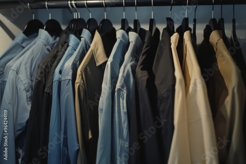 Wallpaper Mural A row of neatly arranged shirts in various shades, hanging in a closet, showcasing an orderly and organized space. Torontodigital.ca