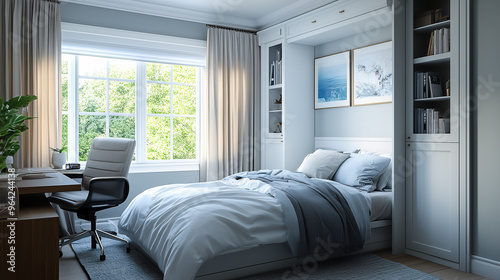 A cozy bedroom with a Murphy bed that folds up into the wall, leaving space for a compact home office setup during the day