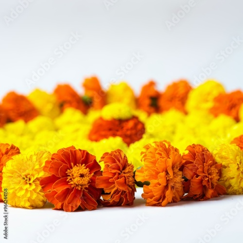 Onam flower decoration on white background, Pookalam isolated on white background, Diwali and Pongal festival concept image, Marigold flower decoration. photo