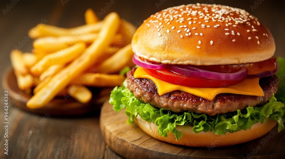 Classic American burger with crispy fries, lettuce, tomato, cheddar cheese, served on a rustic wooden table Classic American burger with crispy fries, lettuce, tomato, cheddar cheese, served on a rustic wooden table