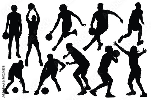 Silhouette of basketball player jump for the slam dunk. Set of Basketball players in different playing positions, lead ball, defend, attack, game techniques. Players throwing  basketball vectors.