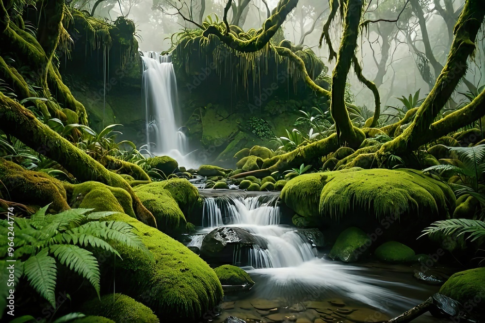 Fototapeta premium Moss Covered Waterfall in a Lush Rainforest.