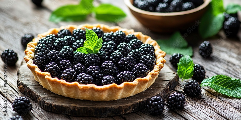 Blackberry tart on a wooden table with fresh berries and mint leaves, in a closeup view. A pie