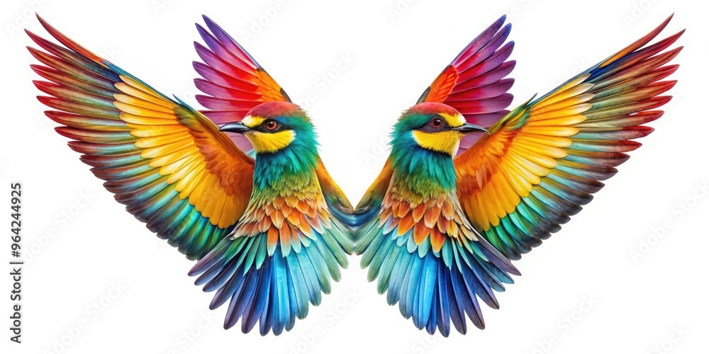 A Vibrant And Detailed Image Featuring A Pair Of Colorful Bird Wings Spread Gracefully Against A White Background. A Vibrant And Detailed Image Featuring A Pair Of Colorful Bird Wings Spread Gracefully Against A White Background.