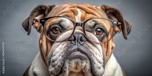 A bespectacled elderly Bulldog with a flat face, wrinkled brow, and sagging jowls, sporting a grey muzzle and wispy fringe photo