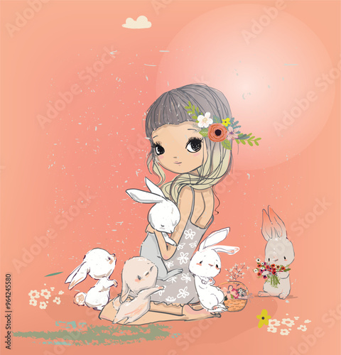 cute cartoon lovely girl with little hares