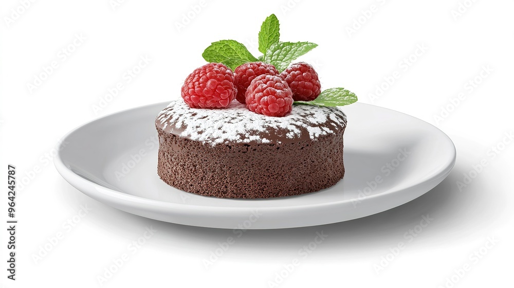 Decadent chocolate cake topped with fresh raspberries and mint on a white plate, perfect dessert for any occasion Decadent chocolate cake topped with fresh raspberries and mint on a white plate, perfect dessert for any occasion