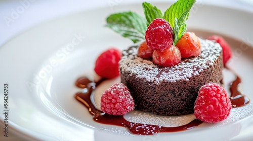 Decadent chocolate melting cake topped with fresh raspberries and mint on a white plate