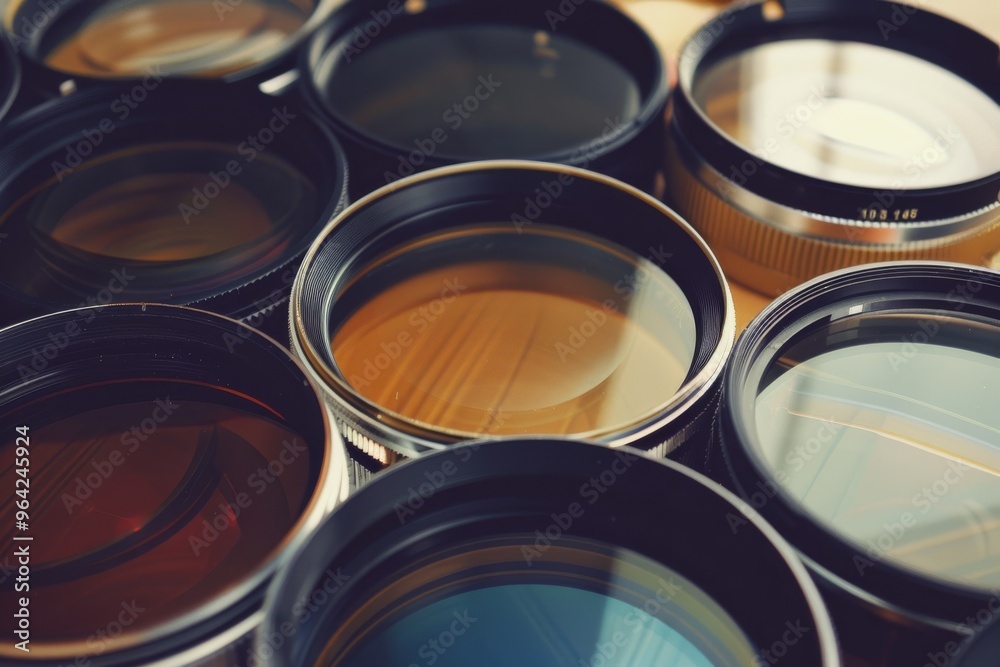 Array of camera lenses arranged in a grid pattern, varying in tints and revealing different colors and reflections. Array of camera lenses arranged in a grid pattern, varying in tints and revealing different colors and reflections.