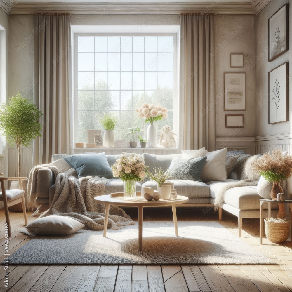 A beautifully lit living room with elegant decor, featuring comfortable furniture, plush cushions, and a large window allowing natural light to flood in, creating a warm and inviting atmosphere.. AI A beautifully lit living room with elegant decor, featuring comfortable furniture, plush cushions, and a large window allowing natural light to flood in, creating a warm and inviting atmosphere.. AI