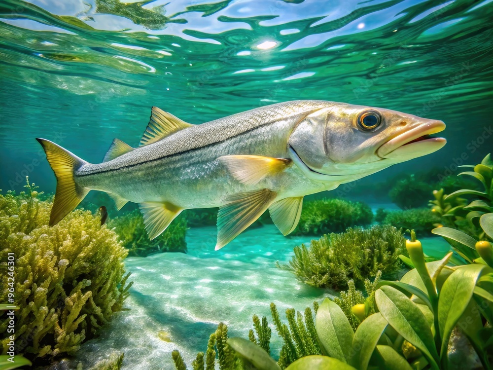 A vibrant snook fish swims in clear turquoise waters, its sleek silver scales glistening in the sunlight, amidst a backdrop of lush green aquatic plants.
