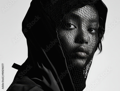 Futuristic Monochrome Techwear Fashion Editorial with Striking Lighting Emphasizing Textures and Details