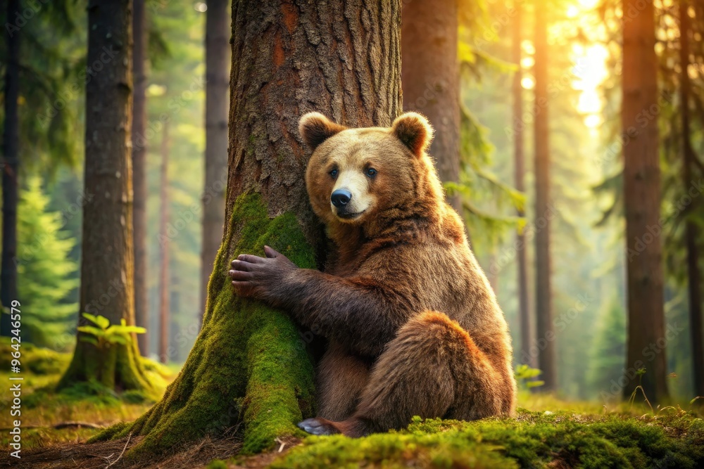 Fototapeta premium A warm and cozy brown bear envelops a giant tree trunk in a tender, embracing gesture, conveying friendship and affection in a serene forest setting.