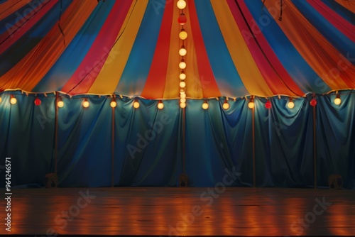 The inside of a colorful carnival tent with vivid stripes and festoon lights, evoking a sense of nostalgia and excitement.