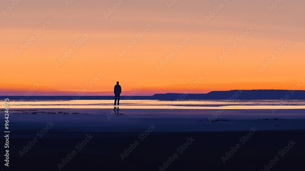 A solitary figure stands on the beach at sunset, reflecting by the calm waters under a colorful sky A solitary figure stands on the beach at sunset, reflecting by the calm waters under a colorful sky