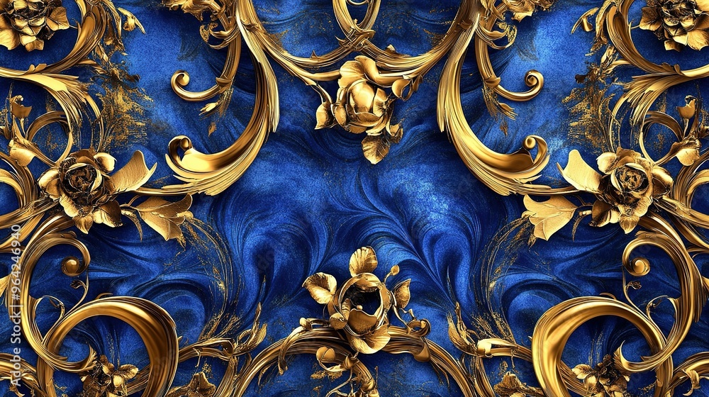Intricate golden floral design on deep blue fabric showcasing elegant curves and rich textures, perfect for luxurious interior decor Intricate golden floral design on deep blue fabric showcasing elegant curves and rich textures, perfect for luxurious interior decor