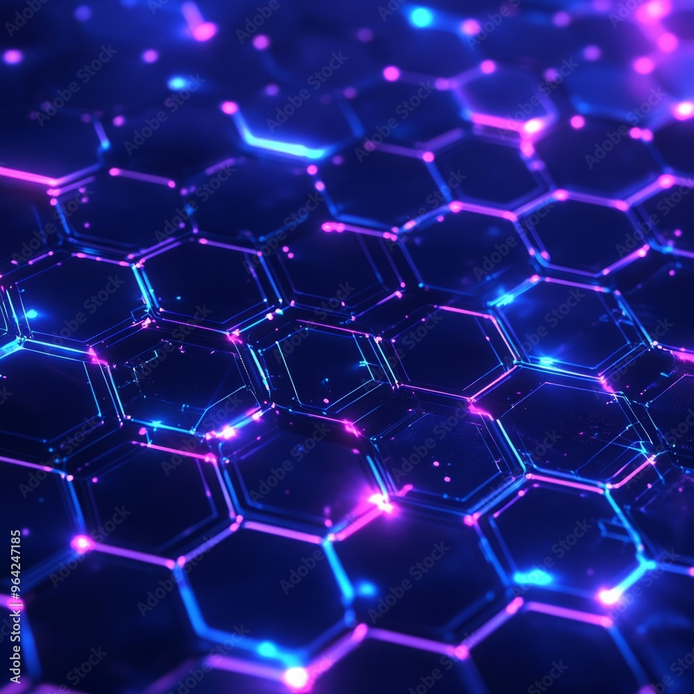 Interconnected Hexagon Patterns: Glowing Blue & Purple Neon Digital Background