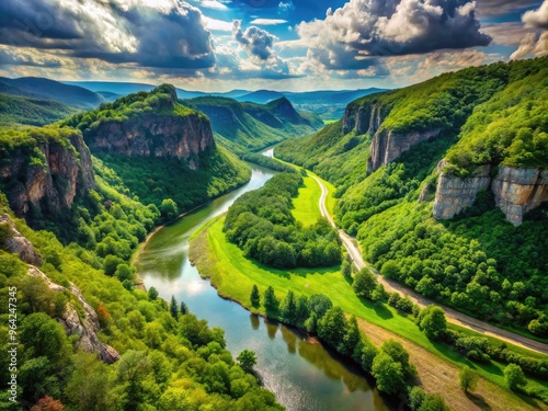 A Wide, Meandering River Flows Through A Scenic Valley, Lush With Green Vegetation And Towering Cliffs