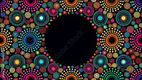 Vibrant repetitive circle and stripe patterns on black background