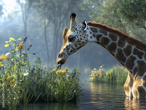 Mesmerizing Giraffe with Serpentine Neck Feeding in Captivating Environment photo