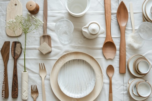 Sustainable wooden tableware on a natural fabric background photo