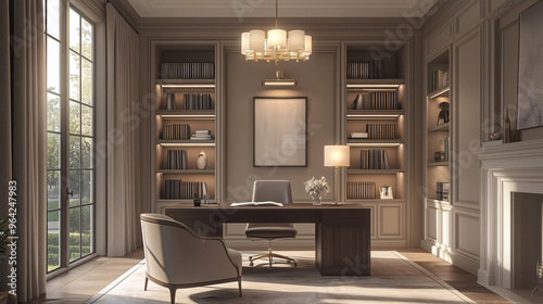 A home office designed in a transitional style, with a sleek modern desk, traditional armchair, built-in bookshelves, and elegant lighting.