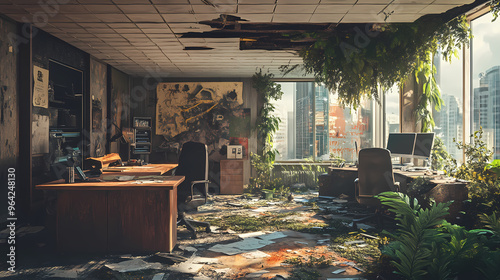 Capture an indoor photo of a hyper-detailed, dystopian future office interior being reclaimed by nature, creating a detailed and polished masterpiece. Dystopian Future. Illustration photo