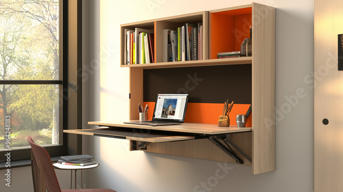 A home office with a wall-mounted, foldable desk, and compact shelves for books and accessories, designed for maximum efficiency