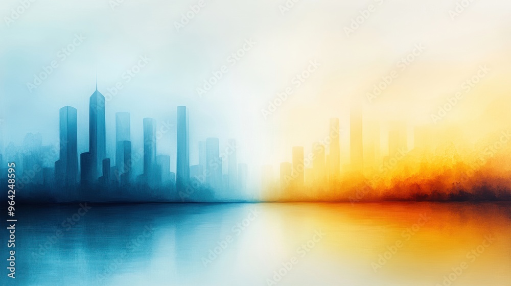 Fototapeta premium Acrylic painting of a cityscape during rain, displayed in an urban apartment, calming atmosphere
