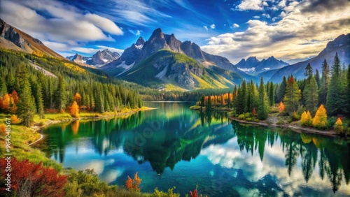 Breathtaking Landscape Photo Showcasing Vibrant Colors, Majestic Mountains, Serene Lake, And Lush Vegetation Under A Brilliant Blue Sky.