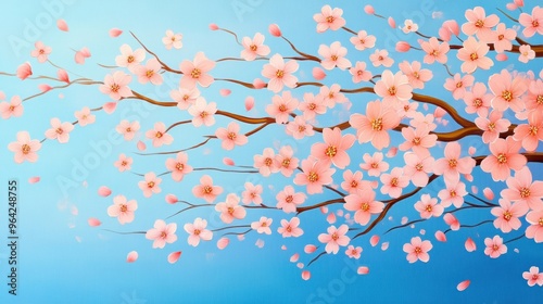 Acrylic painting of cherry blossoms in a bamboo frame, Zen meditation room, calming spring energy photo