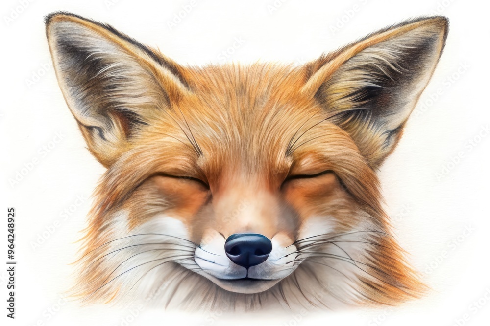 Fototapeta premium Brown Fox Face With Closed Eyes, Drawn In Detail Using A Pencil On A Clean White Background