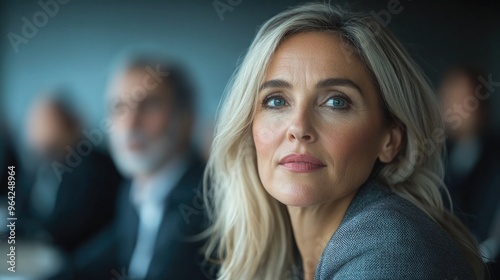 A woman with blonde hair and blue eyes is sitting in a room with other people. She is looking at the camera with a serious expression